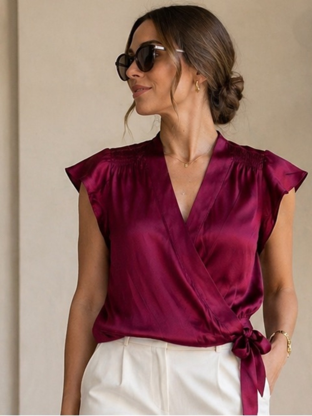 Banana Republic Deep Red Satin Wrap Blouse Size M Elegant Chic Top